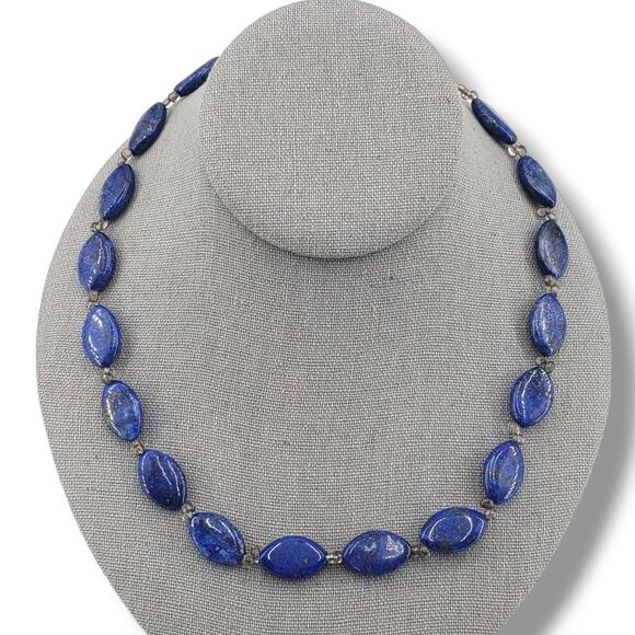 Blue Gold Speck Lapis Lazuli Oval Clear Glass Spacers Beaded Collar Necklace - Picture 1 of 9